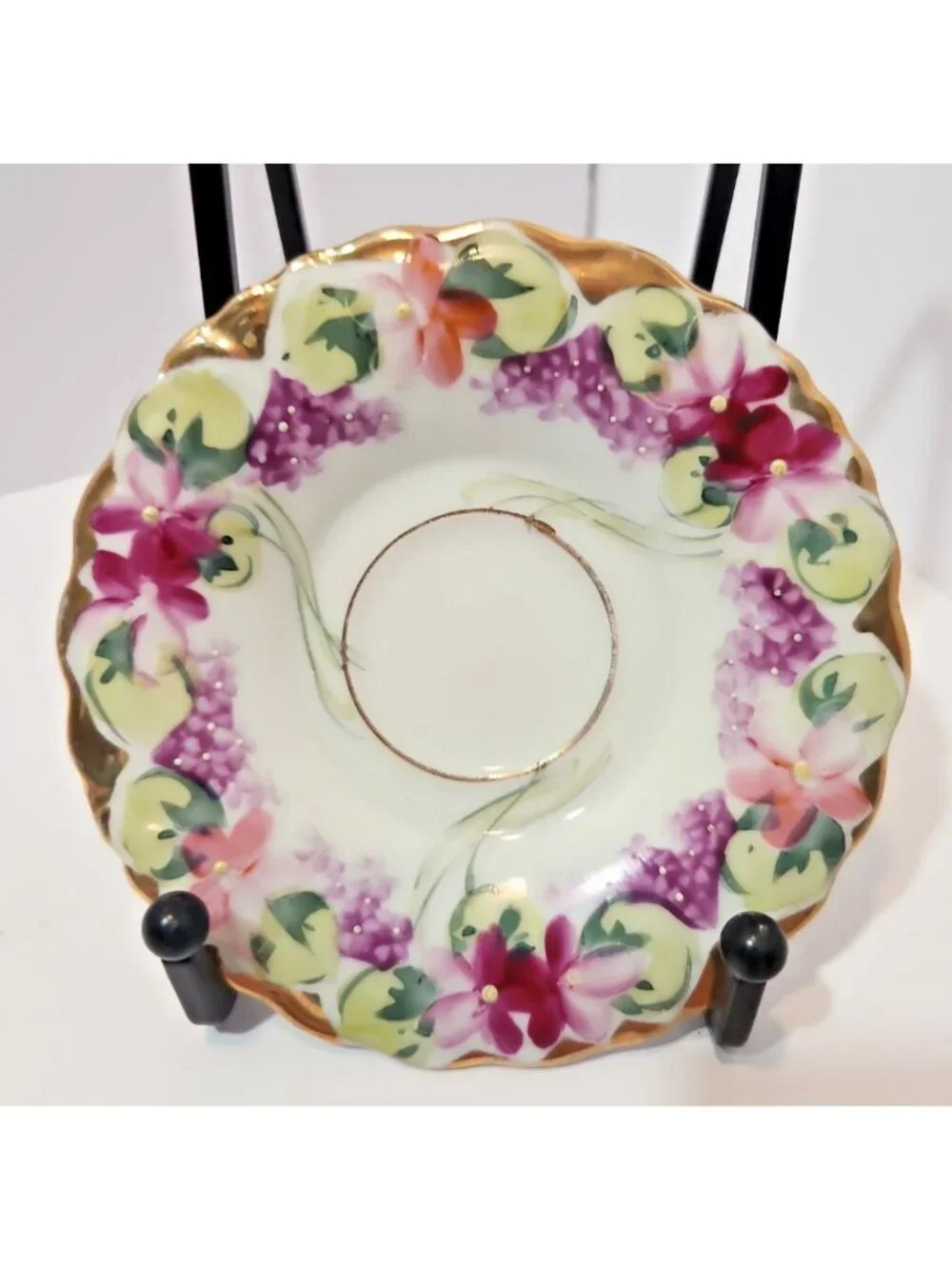 Antique Hand Painted Chocolate Cups w/Saucers Pink/Purple Violets Moriage Set 3